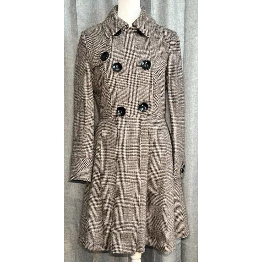 Ben Sherman Coat Womens Small Brown Glen Plaid Pleated Long Peacoat Wool